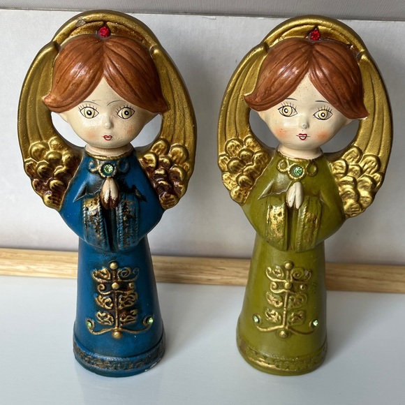 Vintage Japan Angel Figurines Pair Blue Green Gold Halo Praying Christmas Decor - Picture 1 of 13